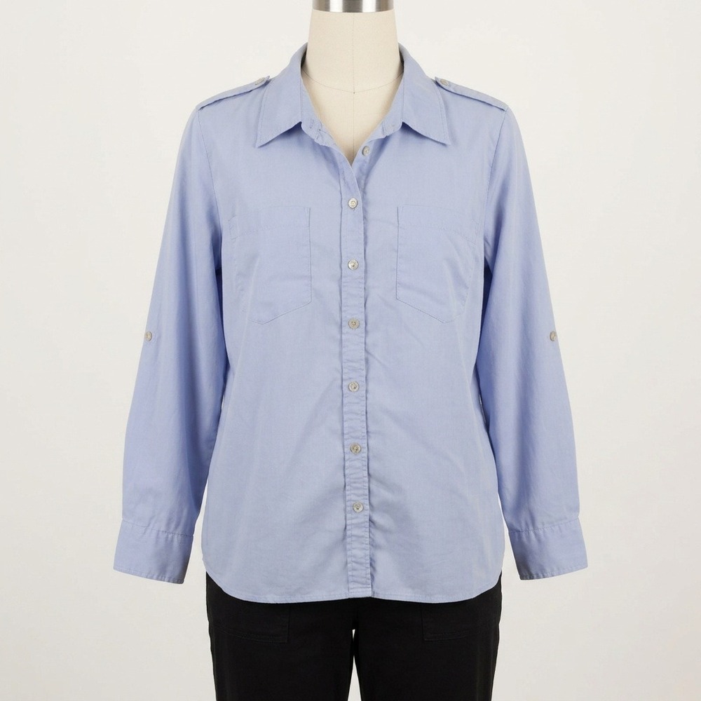 Chico's Button Up Shirt Womens 12 Blue Modal Utility Epaulets Long Sleeve